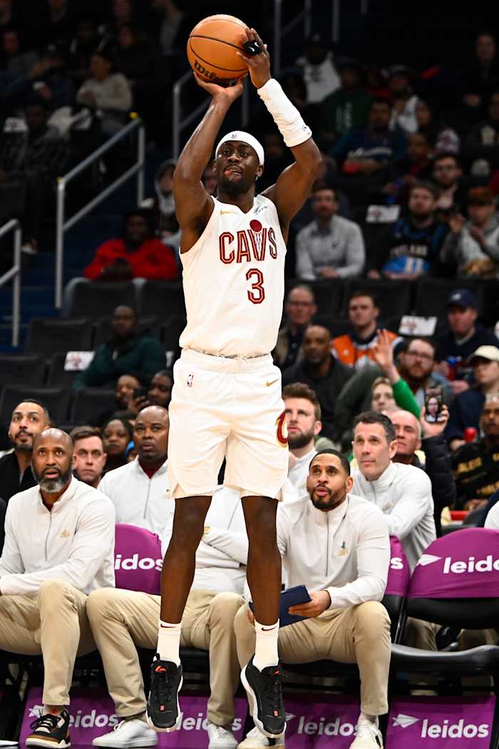 Feb 7, 2024; Washington, District of Columbia, USA; Cleveland Cavaliers guard Caris LeVert (3) shoots a three point shot /away from/ during the first half at Capital One Arena.
